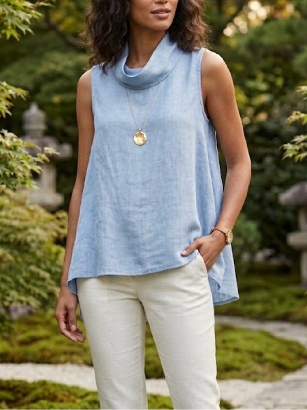 Tempo Paris Italian Linen sleeveless tunic asymmetrical hem light blue small